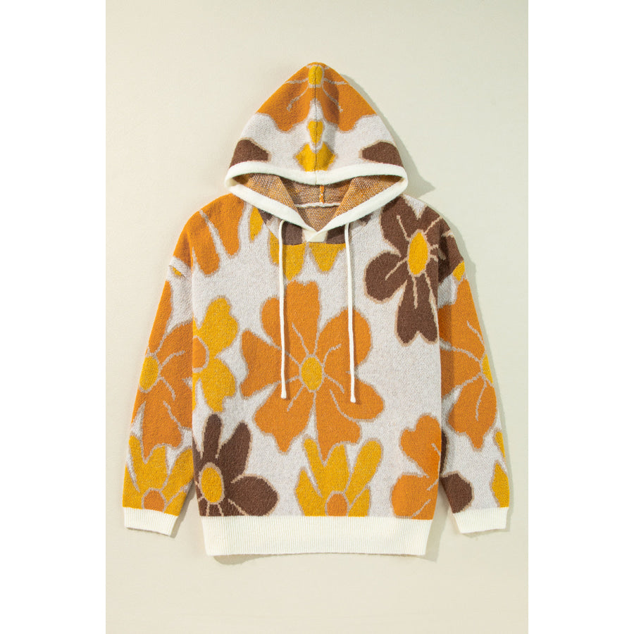 White Large Flower Knitted Drawstring Hooded Plus Size Sweater Sale (50% OFF)/Sale OFF)
