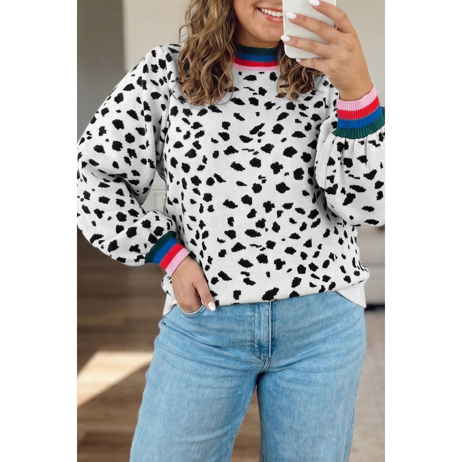 White Leopard Print Colorblock Round Neck Long Sleeve Tunic Plus Size Sweater White / 1X Plus Size/Plus Size Sweaters & Cardigans