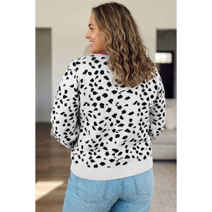 White Leopard Print Colorblock Round Neck Long Sleeve Tunic Plus Size Sweater Plus Size/Plus Size Sweaters & Cardigans