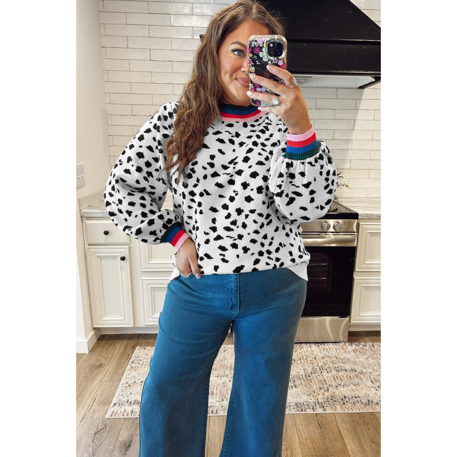 White Leopard Print Colorblock Round Neck Long Sleeve Tunic Plus Size Sweater Plus Size/Plus Size Sweaters & Cardigans