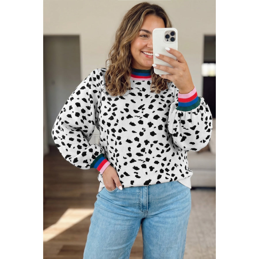 White Leopard Print Colorblock Round Neck Long Sleeve Tunic Plus Size Sweater Plus Size/Plus Size Sweaters & Cardigans