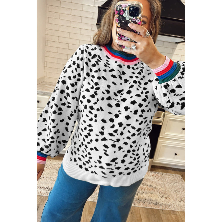 White Leopard Print Colorblock Round Neck Long Sleeve Tunic Plus Size Sweater Plus Size/Plus Size Sweaters & Cardigans