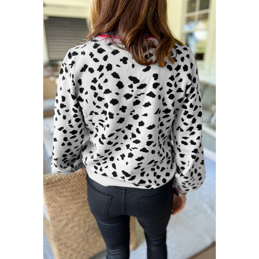 White Leopard Print Colorblock Round Neck Long Sleeve Tunic Plus Size Sweater Plus Size/Plus Size Sweaters & Cardigans