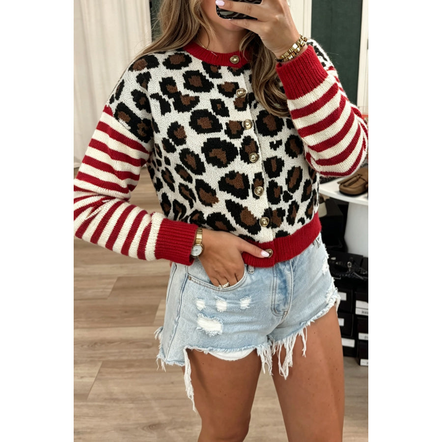 White Leopard Print Striped Sleeves Round Neck Button Cropped Cardigan / S / 42% Acrylic + 30% Polyester + 28% Polyamide Sweaters &