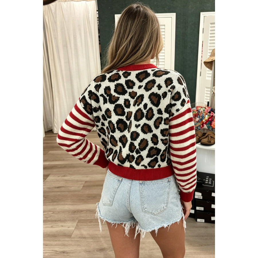 White Leopard Print Striped Sleeves Round Neck Button Cropped Cardigan Sweaters & Cardigans/Cardigans