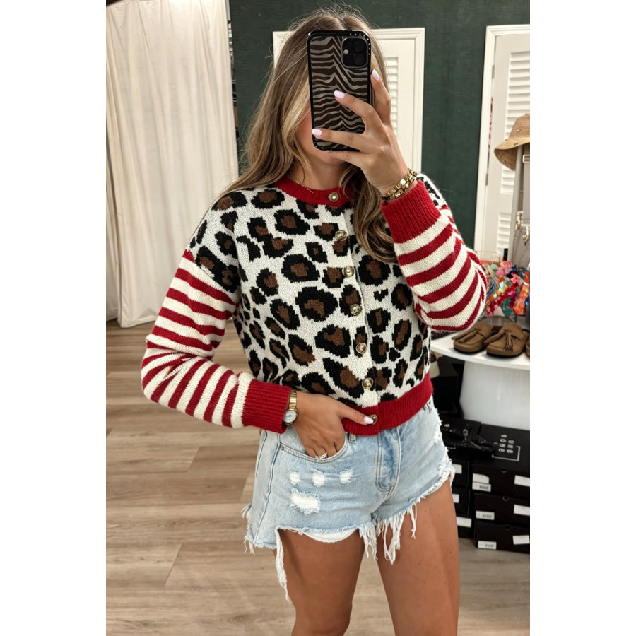 White Leopard Print Striped Sleeves Round Neck Button Cropped Cardigan Sweaters & Cardigans/Cardigans