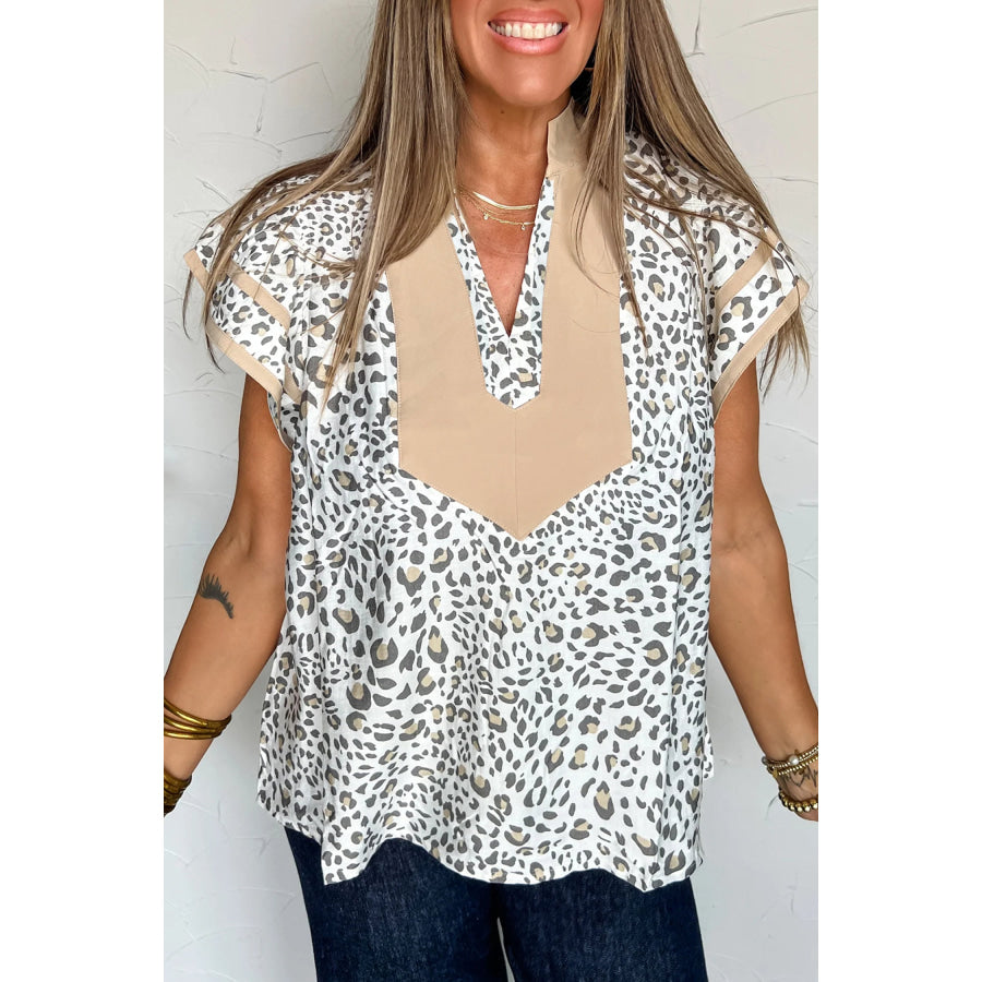 White Leopard Printed Color Block Patchwork V Neck Cap Sleeve Blouse White / S / 91% Viscose + 9% Polyamide Tops/Blouses & Shirts