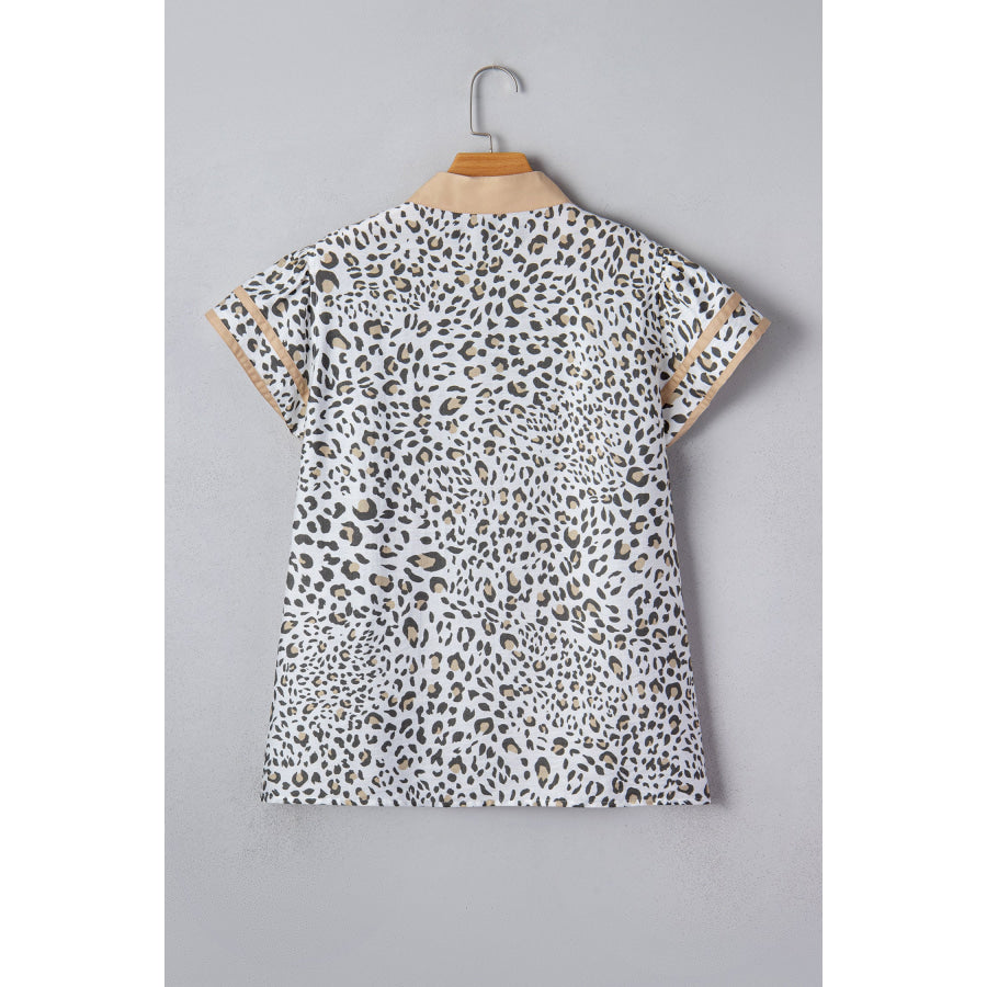 White Leopard Printed Color Block Patchwork V Neck Cap Sleeve Blouse Tops/Blouses & Shirts