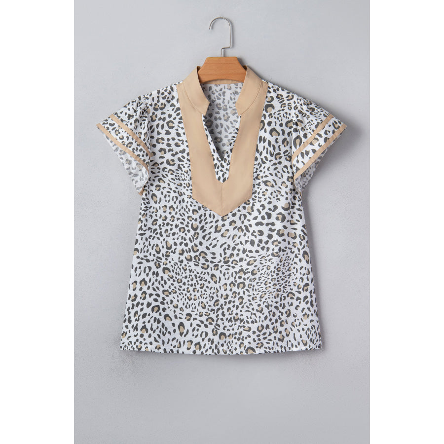 White Leopard Printed Color Block Patchwork V Neck Cap Sleeve Blouse Tops/Blouses & Shirts