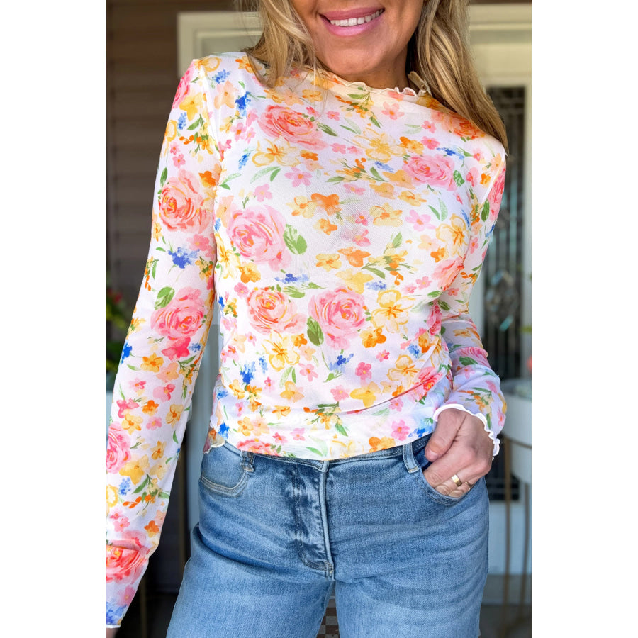 White Lettuce Trim Floral Print Sheer Mesh Long Sleeve Top White / S Tops/Long Sleeve Tops