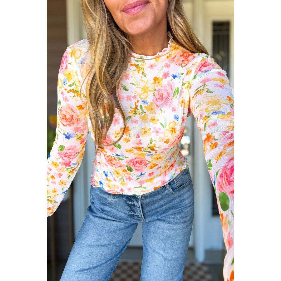 White Lettuce Trim Floral Print Sheer Mesh Long Sleeve Top White / S Tops/Long Sleeve Tops