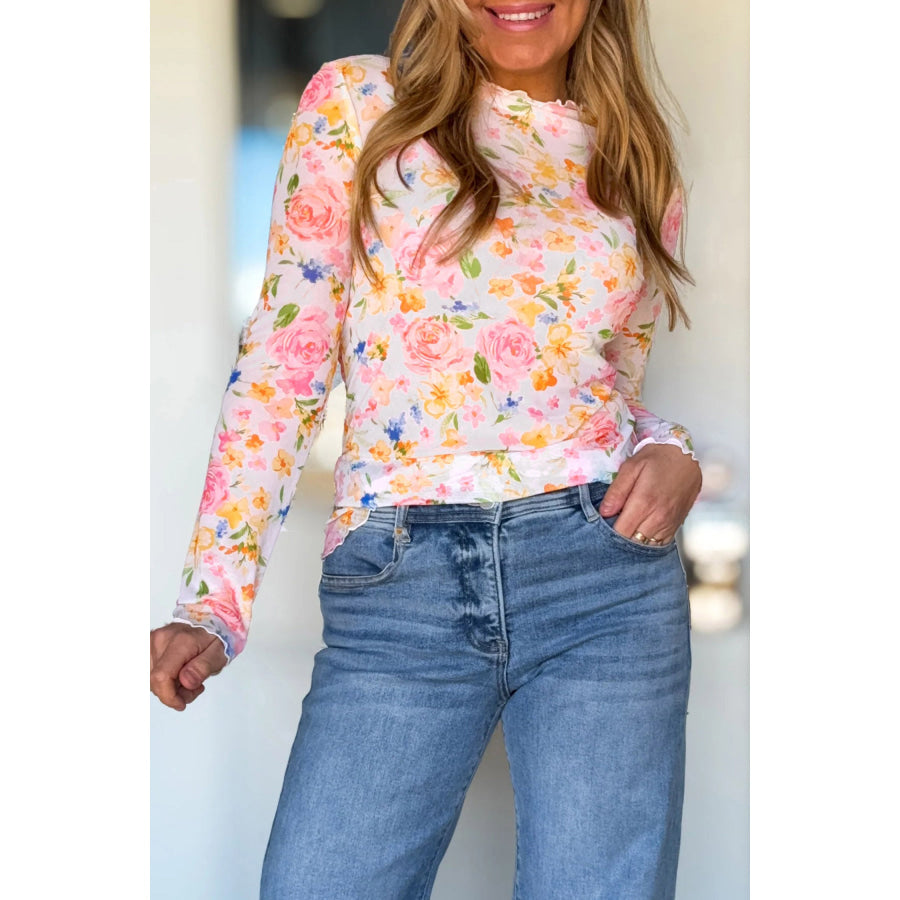 White Lettuce Trim Floral Print Sheer Mesh Long Sleeve Top Tops/Long Sleeve Tops