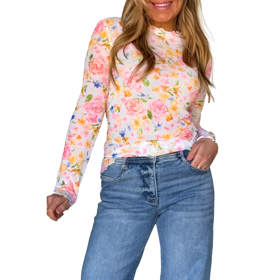 White Lettuce Trim Floral Print Sheer Mesh Long Sleeve Top Tops/Long Sleeve Tops