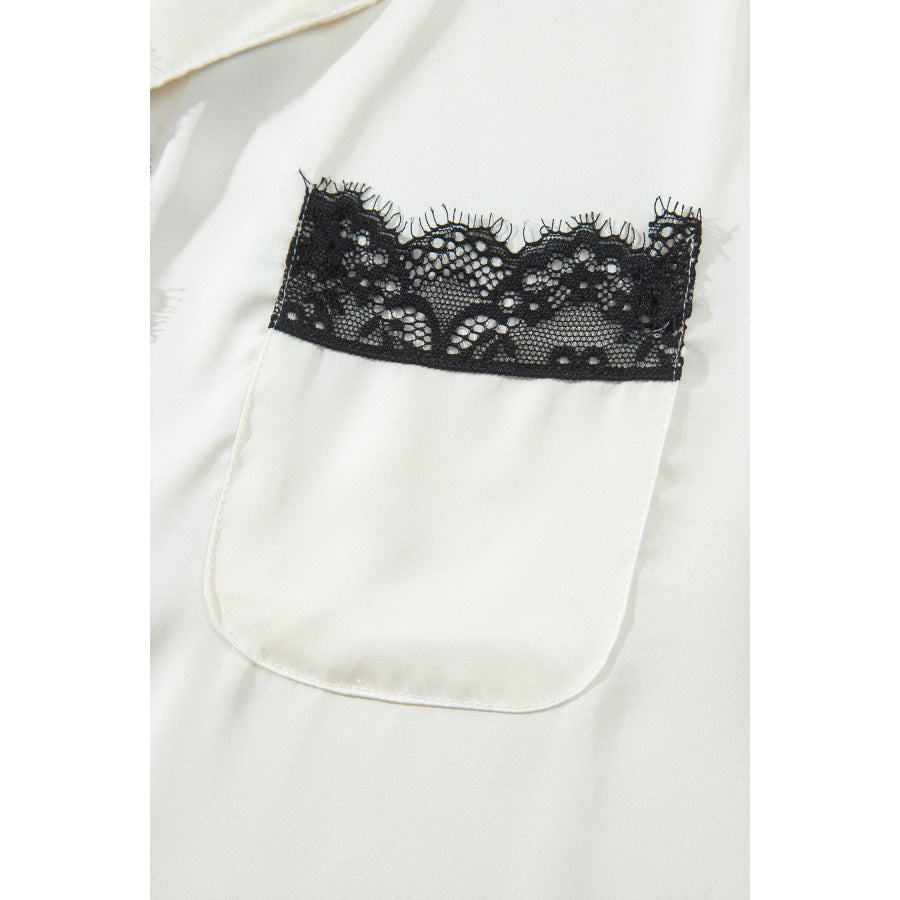 White Long Sleeve Lace Trim Button Front 2pcs Pajama Set Loungewear & Sleepwear/Loungewear