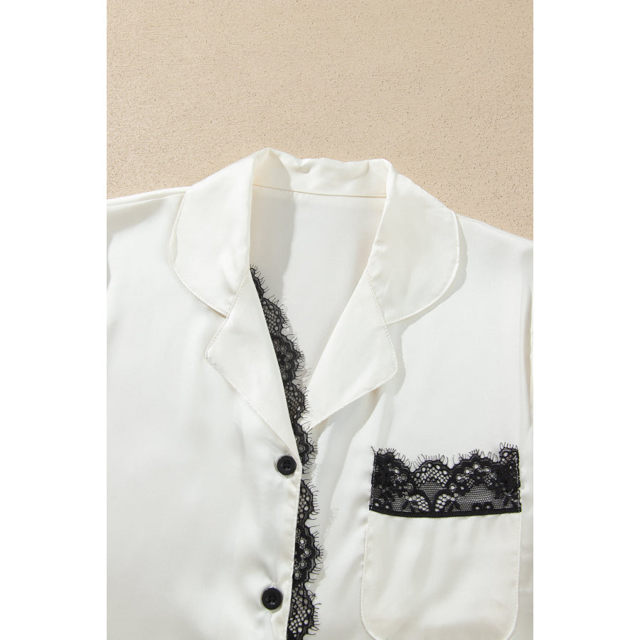 White Long Sleeve Lace Trim Button Front 2pcs Pajama Set Loungewear & Sleepwear/Loungewear