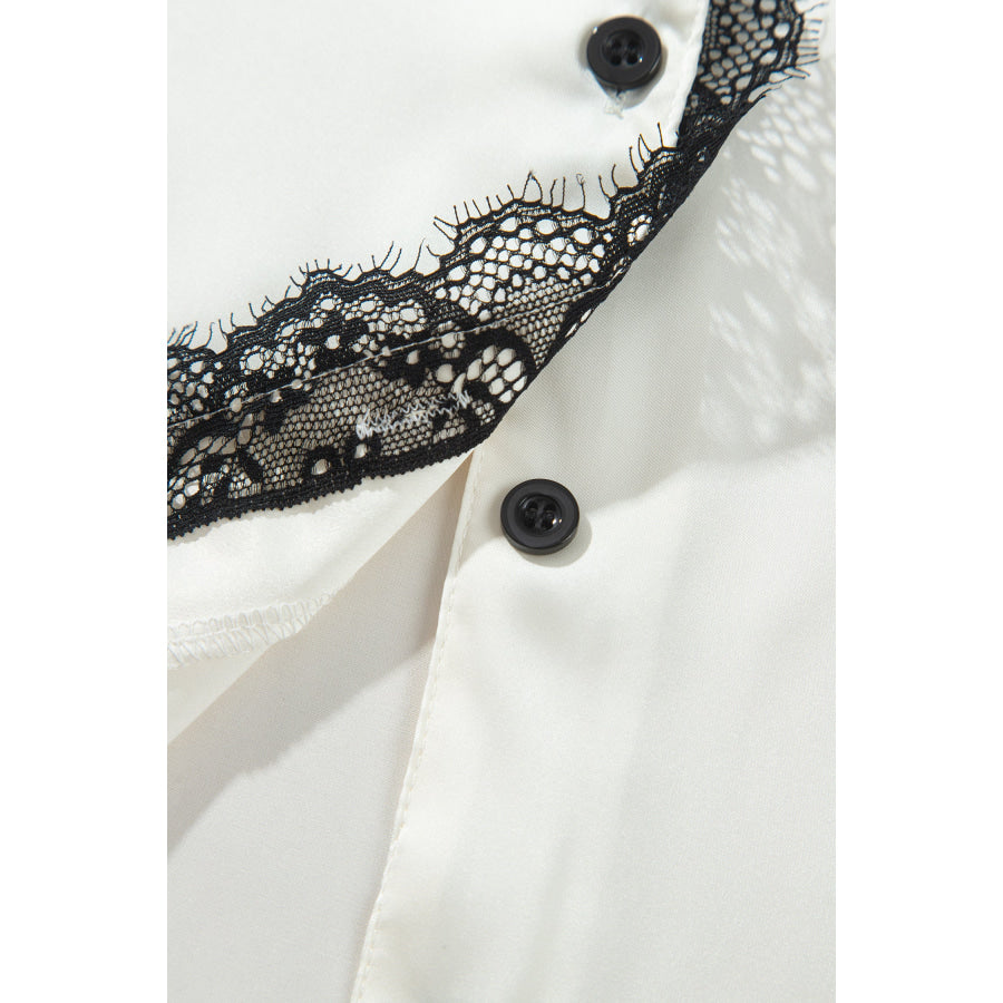 White Long Sleeve Lace Trim Button Front 2pcs Pajama Set Loungewear & Sleepwear/Loungewear