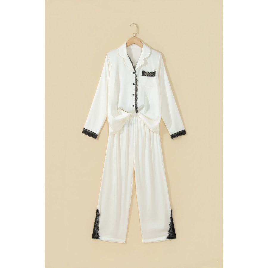 White Long Sleeve Lace Trim Button Front 2pcs Pajama Set Loungewear & Sleepwear/Loungewear