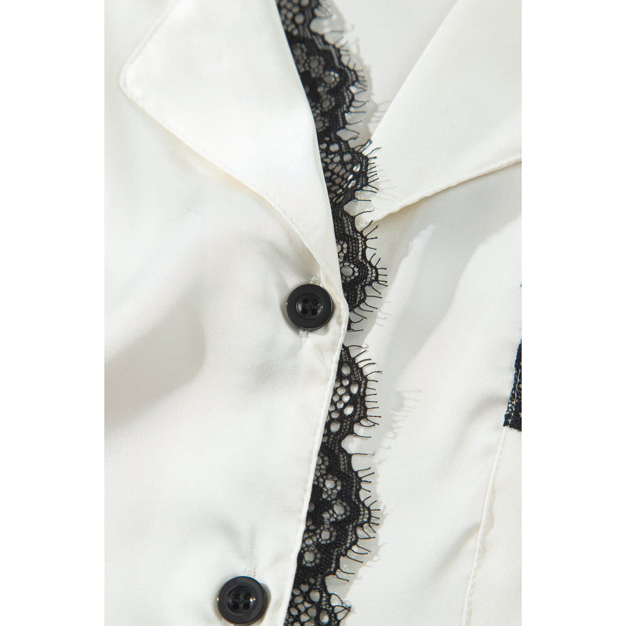 White Long Sleeve Lace Trim Button Front 2pcs Pajama Set Loungewear & Sleepwear/Loungewear