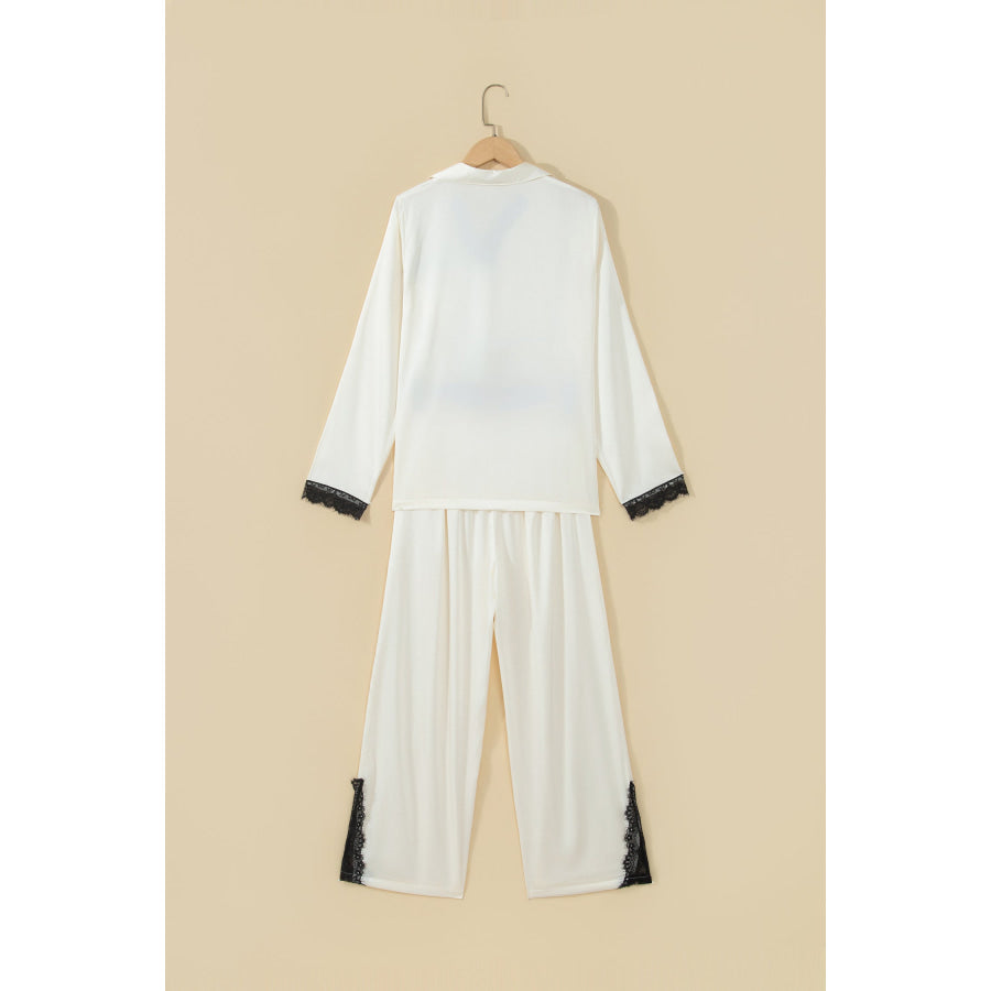White Long Sleeve Lace Trim Button Front 2pcs Pajama Set Loungewear & Sleepwear/Loungewear