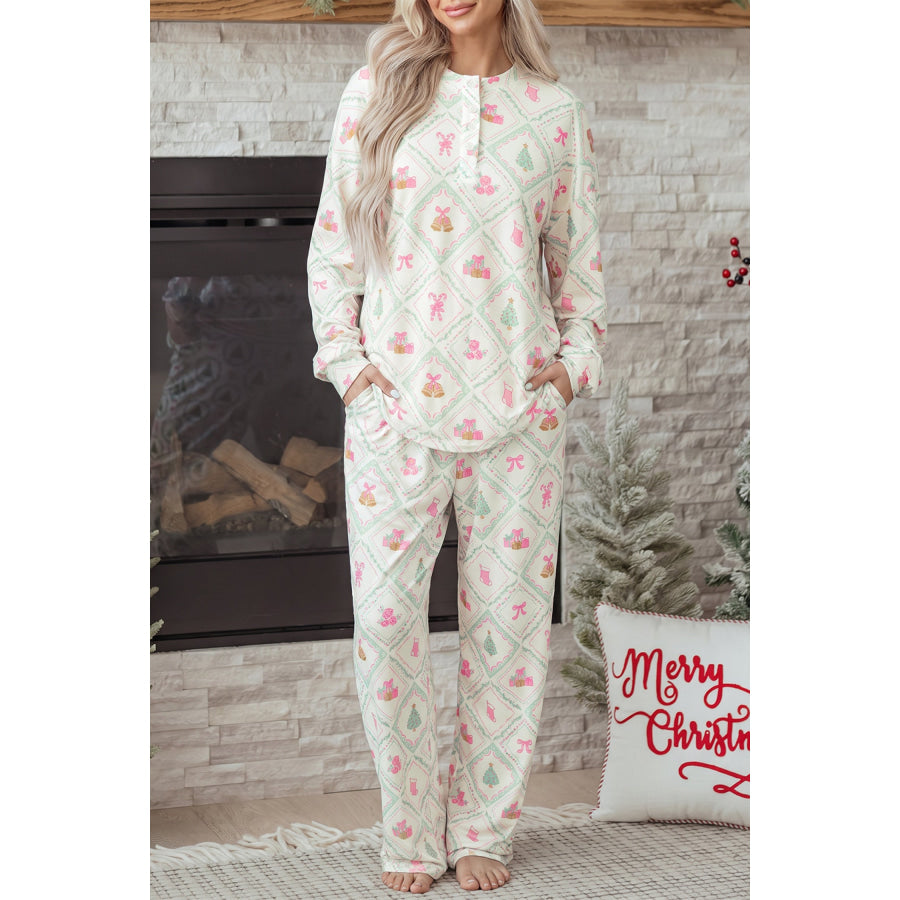 White Long Sleeve Patchwork Shift Christmas Daily Wear Lounge Set Loungewear & Sleepwear/Loungewear