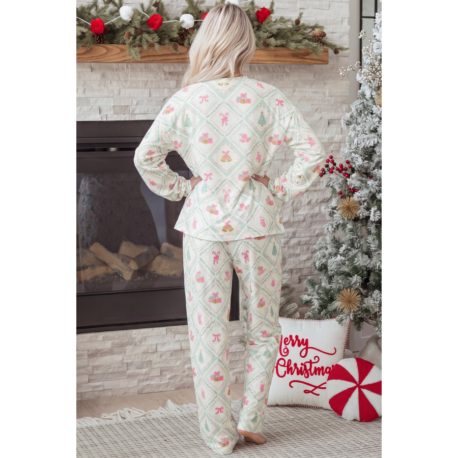White Long Sleeve Patchwork Shift Christmas Daily Wear Lounge Set Loungewear & Sleepwear/Loungewear