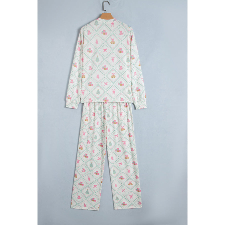 White Long Sleeve Patchwork Shift Christmas Daily Wear Lounge Set Loungewear & Sleepwear/Loungewear