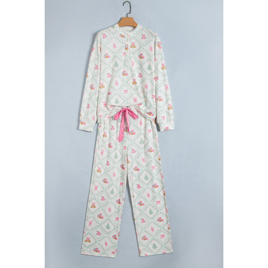White Long Sleeve Patchwork Shift Christmas Daily Wear Lounge Set Loungewear & Sleepwear/Loungewear