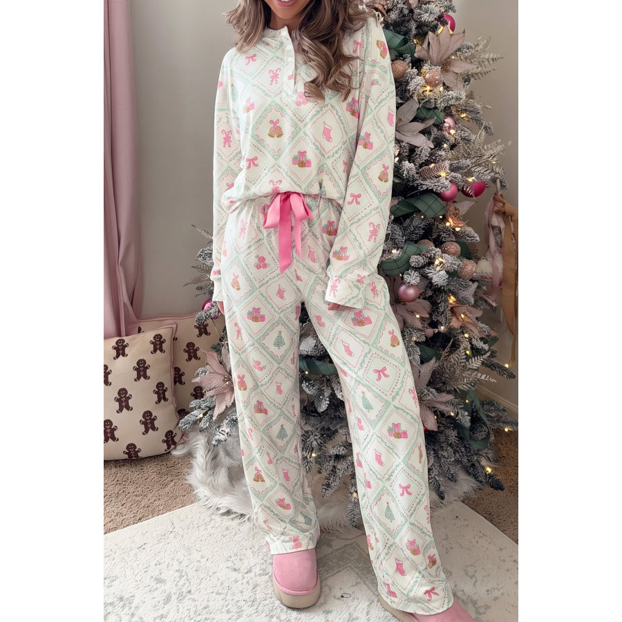 White Long Sleeve Patchwork Shift Christmas Daily Wear Lounge Set / S / 95% Polyester + 5% Elastane Loungewear & Sleepwear/Loungewear