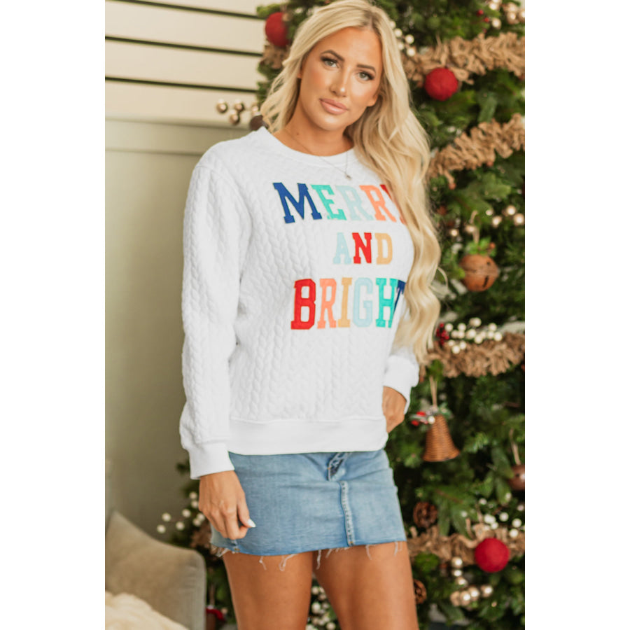 White Merry And Bright Cable Knit Pullover Sweatshirt Tops/Sweatshirts & Hoodies