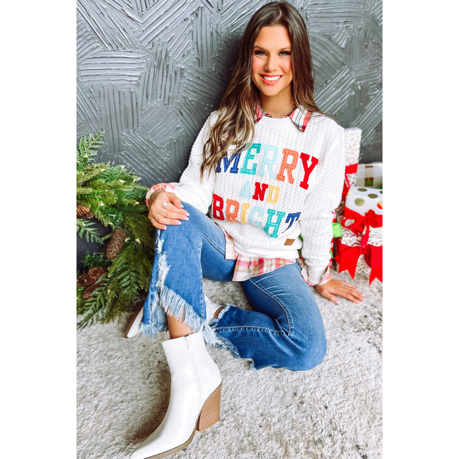 White Merry And Bright Cable Knit Pullover Sweatshirt Tops/Sweatshirts & Hoodies