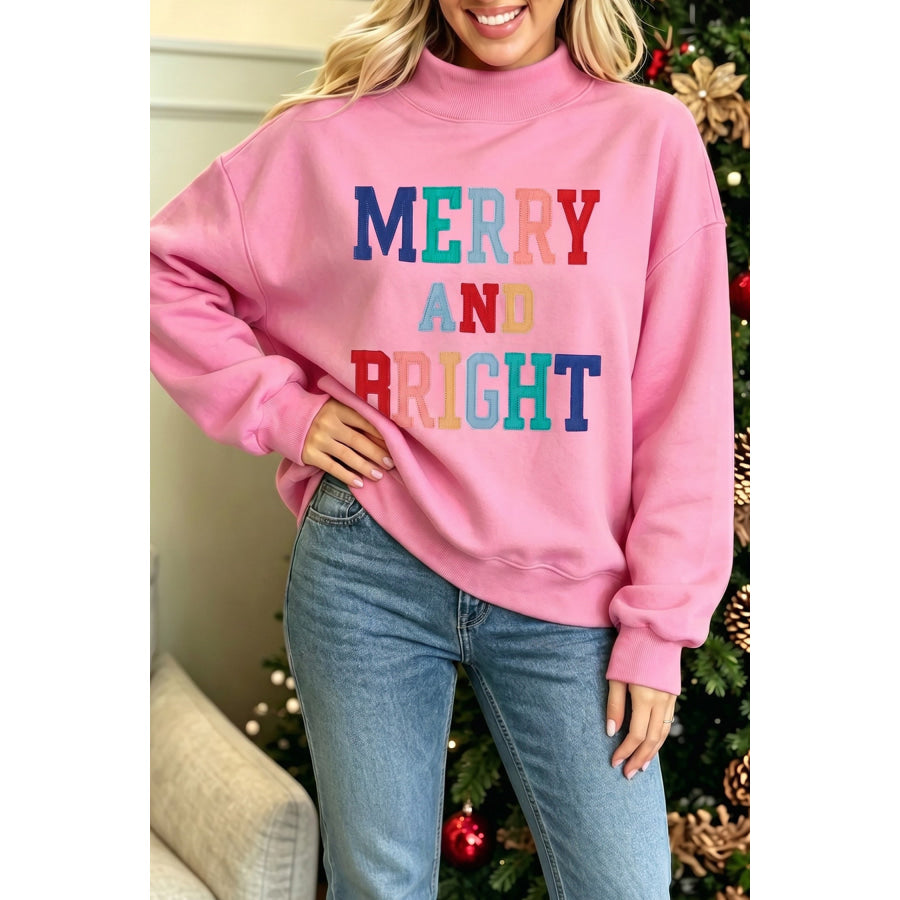 White MERRY AND BRIGHT Stitched Letter Pattern Mock Neck Sweatshirt Peach Blossom / S Tops/Sweatshirts & Hoodies