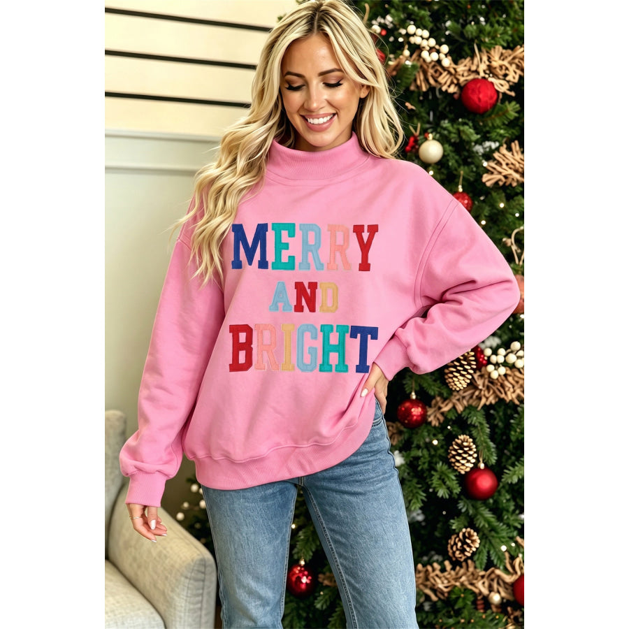 White MERRY AND BRIGHT Stitched Letter Pattern Mock Neck Sweatshirt Tops/Sweatshirts & Hoodies
