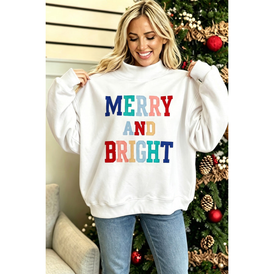 White MERRY AND BRIGHT Stitched Letter Pattern Mock Neck Sweatshirt Tops/Sweatshirts & Hoodies