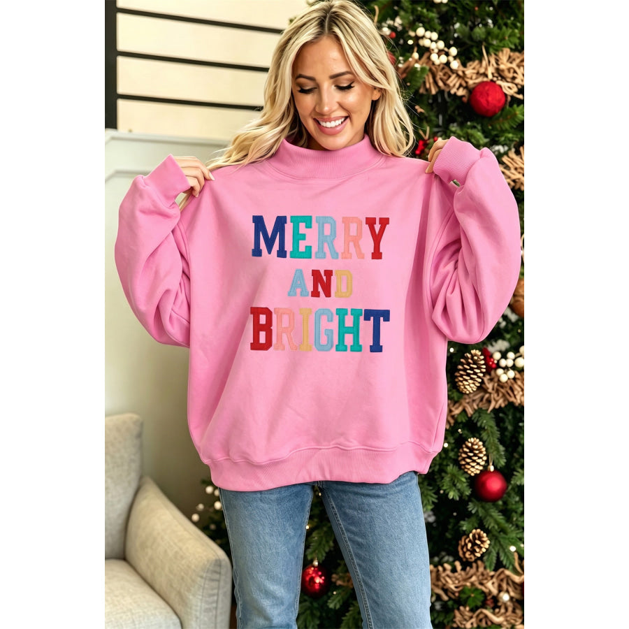White MERRY AND BRIGHT Stitched Letter Pattern Mock Neck Sweatshirt Tops/Sweatshirts & Hoodies