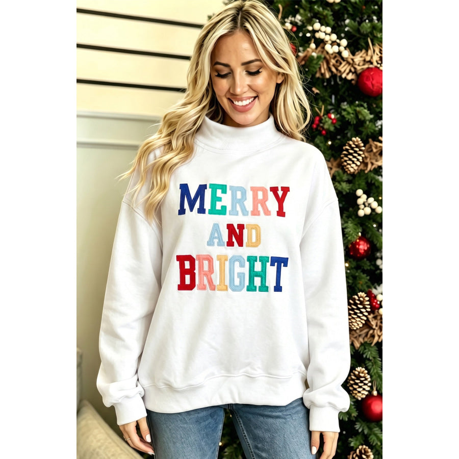 White MERRY AND BRIGHT Stitched Letter Pattern Mock Neck Sweatshirt / S Tops/Sweatshirts & Hoodies
