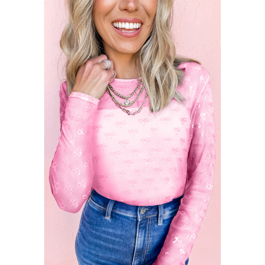 White Mesh Bow Pattern Long Sleeve Top Pink / S / 88% Polyamide + 12% Elastane Tops/Long Sleeve Tops