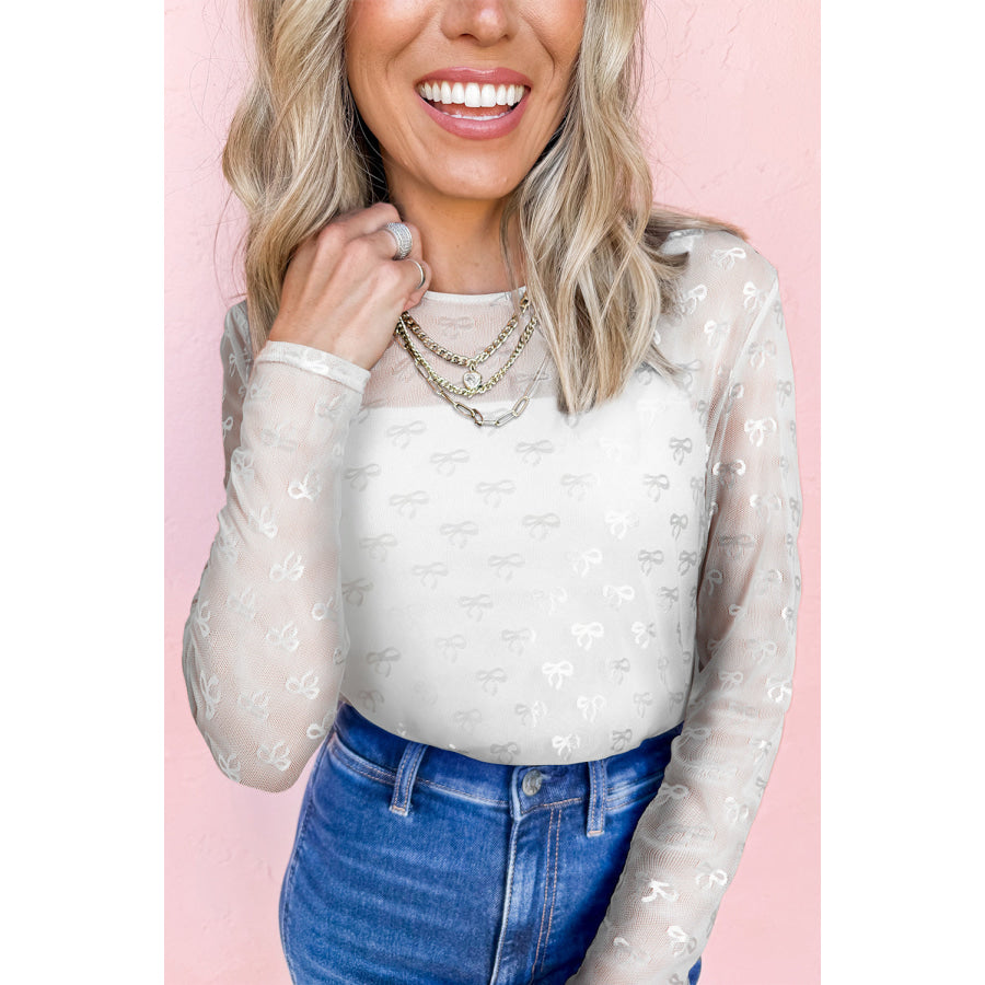 White Mesh Bow Pattern Long Sleeve Top White / S / 88% Polyamide + 12% Elastane Tops/Long Sleeve Tops