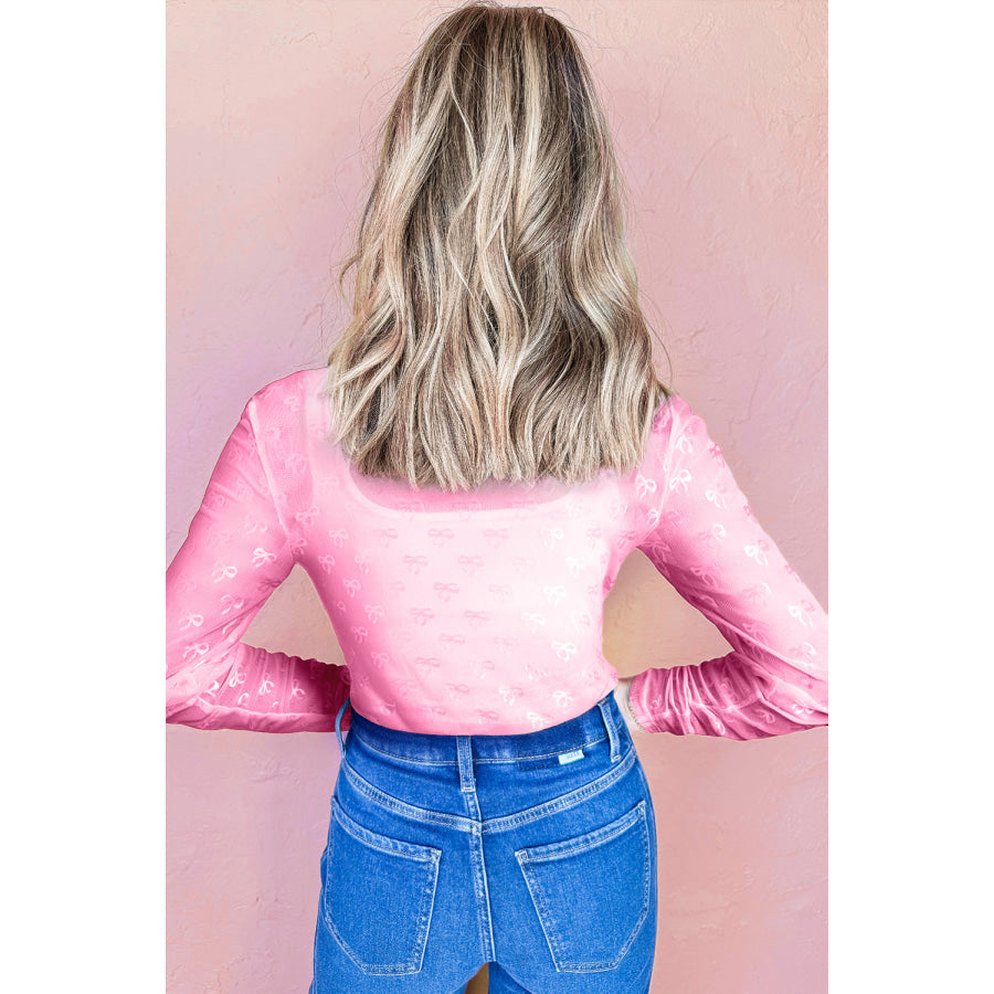 White Mesh Bow Pattern Long Sleeve Top Pink / S / 88% Polyamide + 12% Elastane Tops/Long Sleeve Tops