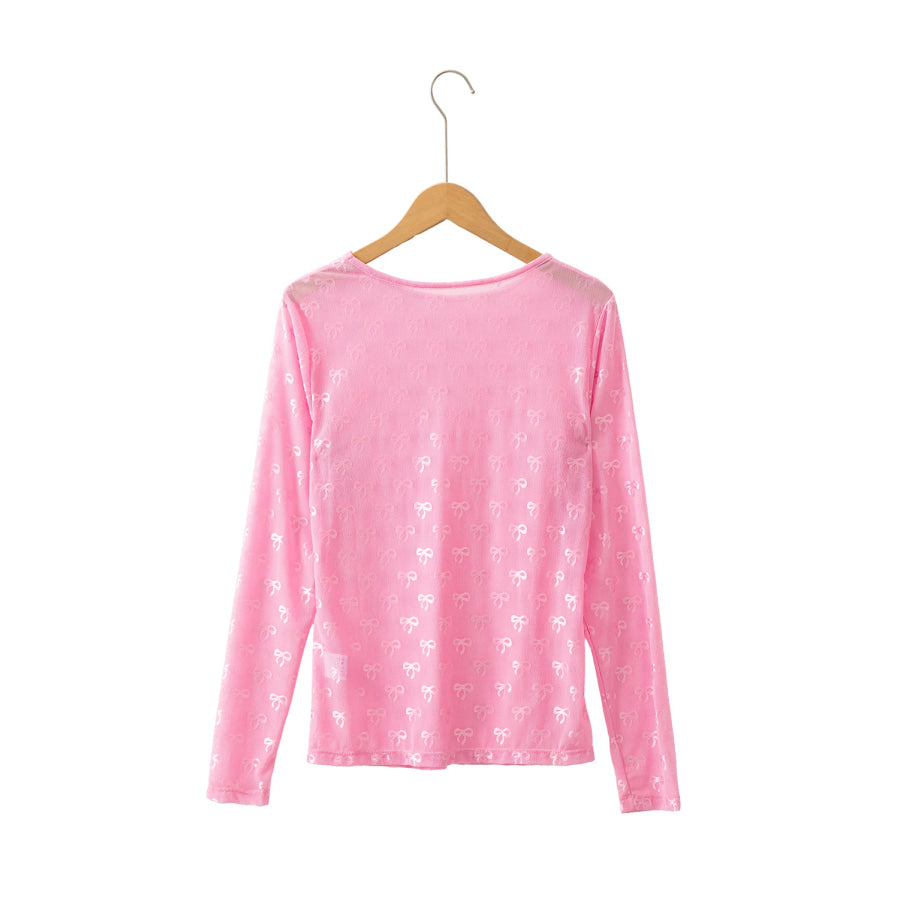 White Mesh Bow Pattern Long Sleeve Top Tops/Long Sleeve Tops