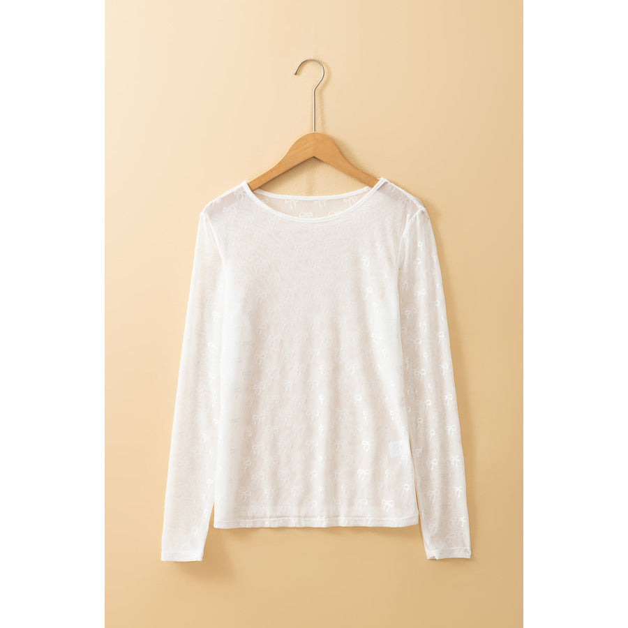 White Mesh Bow Pattern Long Sleeve Top Tops/Long Sleeve Tops