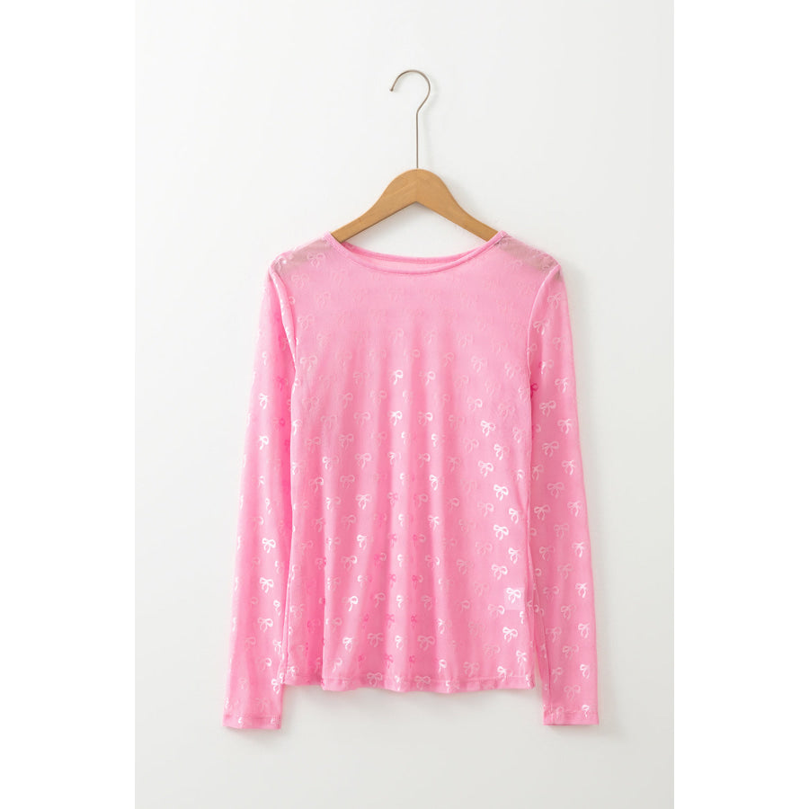 White Mesh Bow Pattern Long Sleeve Top Tops/Long Sleeve Tops