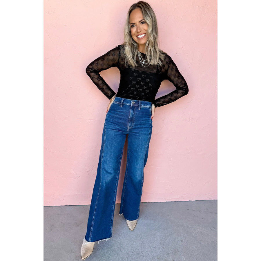 White Mesh Bow Pattern Long Sleeve Top Tops/Long Sleeve Tops