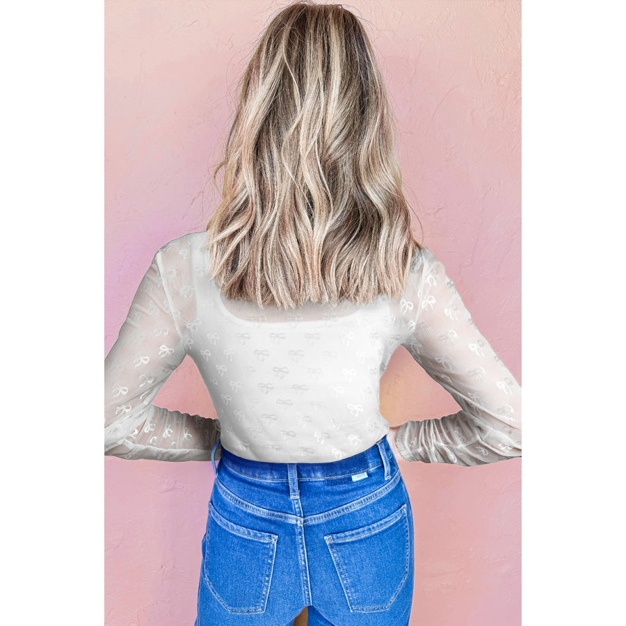 White Mesh Bow Pattern Long Sleeve Top Tops/Long Sleeve Tops