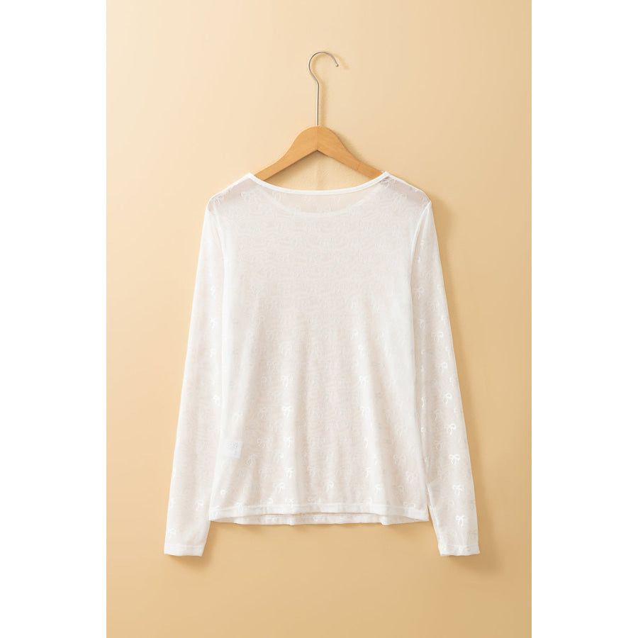 White Mesh Bow Pattern Long Sleeve Top Tops/Long Sleeve Tops