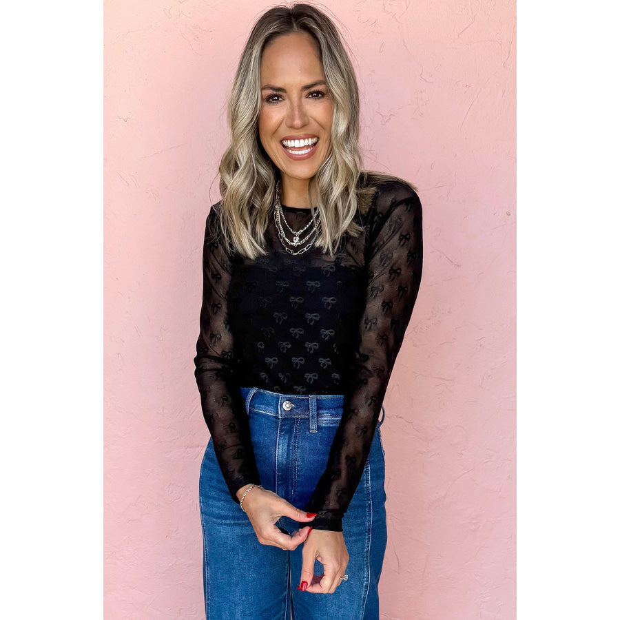 White Mesh Bow Pattern Long Sleeve Top Tops/Long Sleeve Tops
