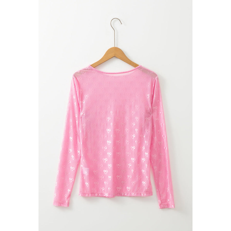 White Mesh Bow Pattern Long Sleeve Top Tops/Long Sleeve Tops