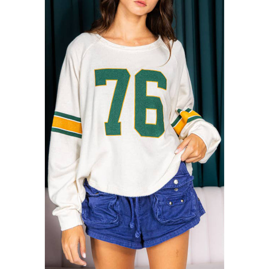 White Number 76 Printed Retro Sporty Long Sleeve Top White / S / 85% Polyester + 10% Cotton + 5% Elastane Sale (50% OFF)/Sale (50% OFF)
