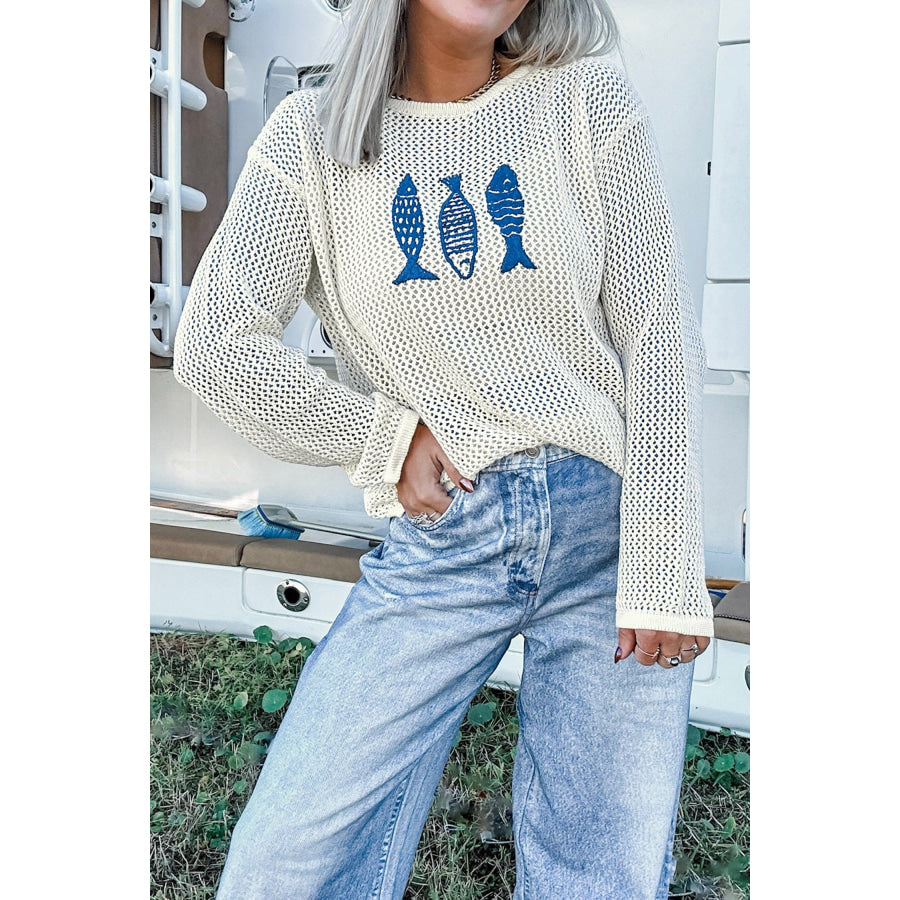 White Open Knit Fish Embroidered Casual Sweater / S Sweaters & Cardigans/Sweaters