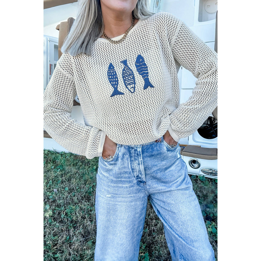 White Open Knit Fish Embroidered Casual Sweater Sweaters & Cardigans/Sweaters