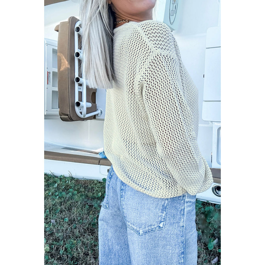 White Open Knit Fish Embroidered Casual Sweater Sweaters & Cardigans/Sweaters